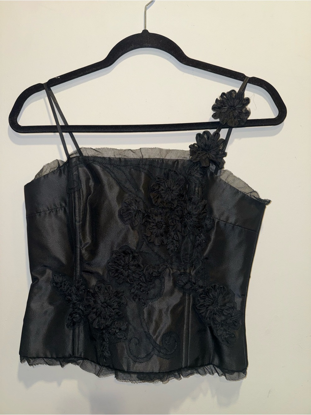 Rickie Freeman Teri Jon Black 100% Silk Floral Applique Corset Top